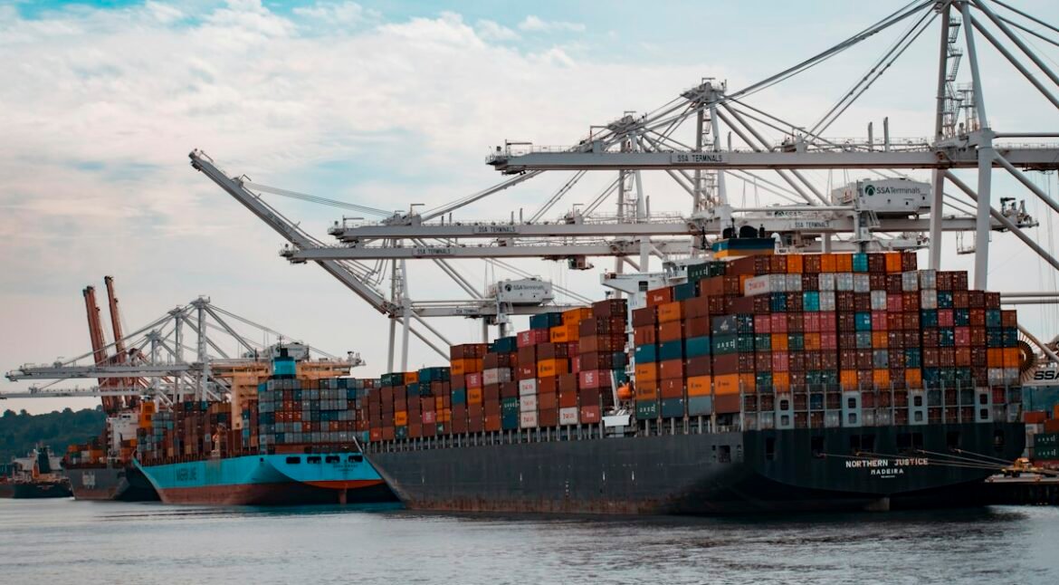 Cargo ships docked at a port