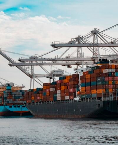 Cargo ships docked at a port