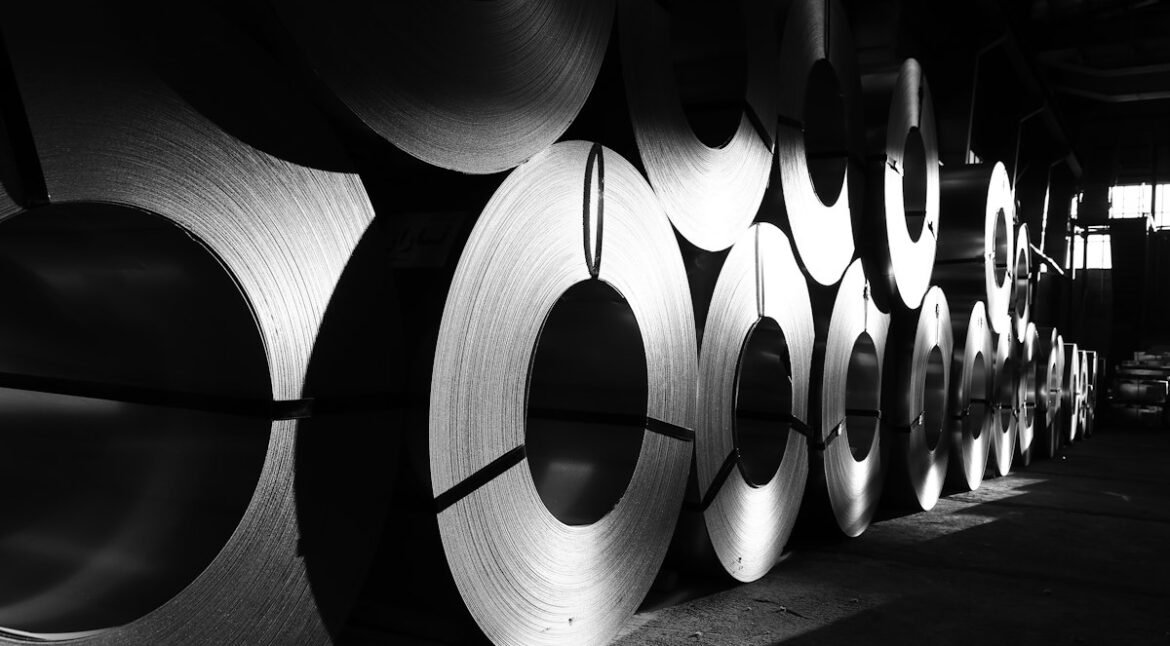 Rolls of stainless steel coil in a warehouse