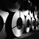 Rolls of stainless steel coil in a warehouse
